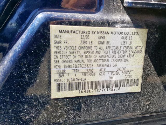 1N4BL21E77C138218 - 2007 NISSAN ALTIMA 3.5 BLUE photo 10