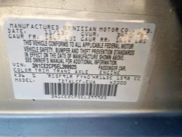 3N1CE2CP5EL399925 - 2014 NISSAN VERSA NOTE GRAY photo 10