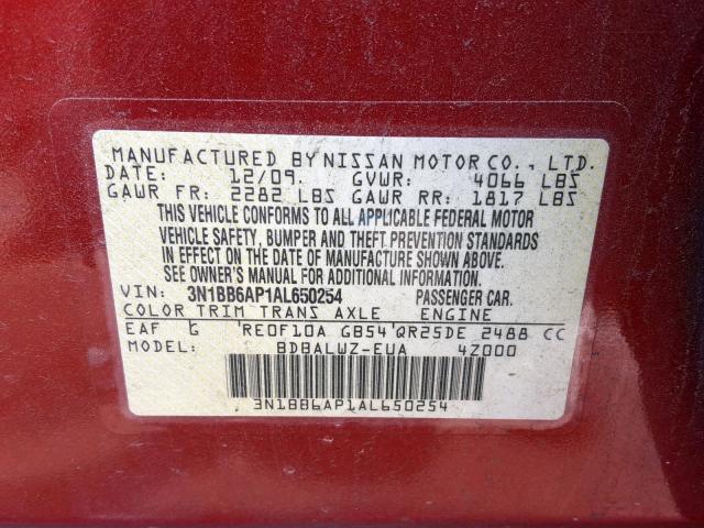 3N1BB6AP1AL650254 - 2010 NISSAN SENTRA SE- RED photo 10