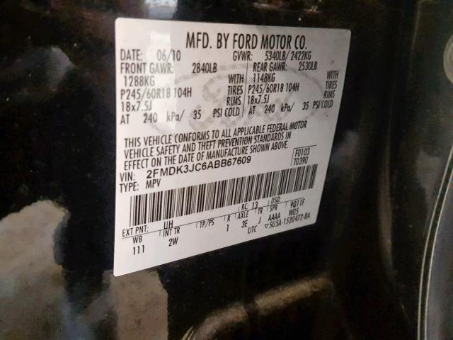 2FMDK3JC6ABB67609 - 2010 FORD EDGE SEL BLACK photo 10