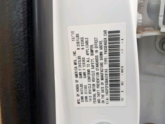 1HGCP2F8XBA039145 - 2011 HONDA ACCORD EXL WHITE photo 10