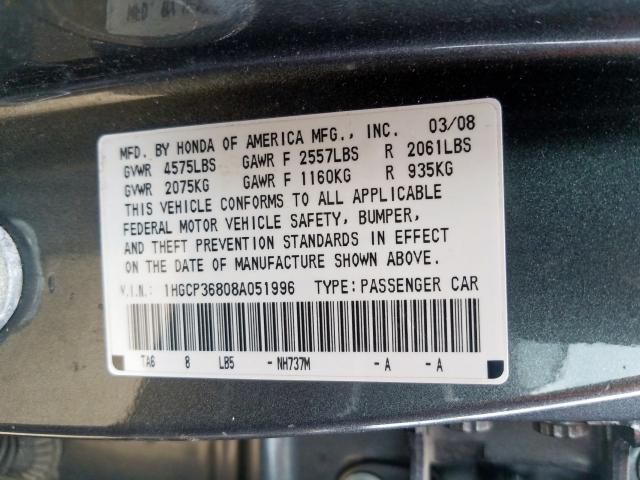 1HGCP36808A051996 - 2008 HONDA ACCORD EXL  photo 10