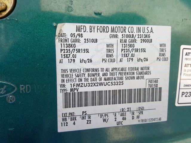 1FMZU32X2WUC53325 - 1998 FORD EXPLORER GREEN photo 10