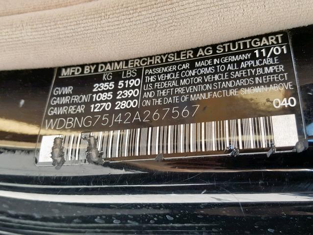 WDBNG75J42A267567 - 2002 MERCEDES-BENZ S 500 BLACK photo 10