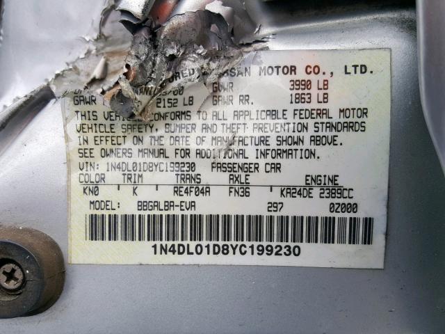 1N4DL01D8YC199230 - 2000 NISSAN ALTIMA XE SILVER photo 10