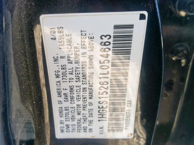 1HGES15261L054663 - 2001 HONDA CIVIC DX BLACK photo 10