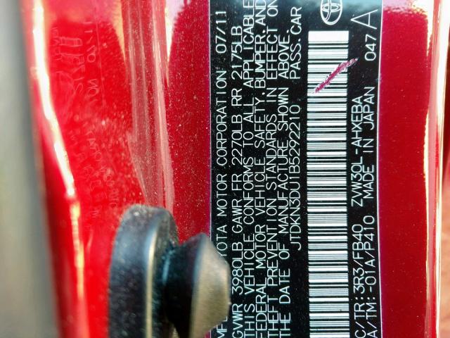 JTDKN3DU1B5292210 - 2011 TOYOTA PRIUS RED photo 10