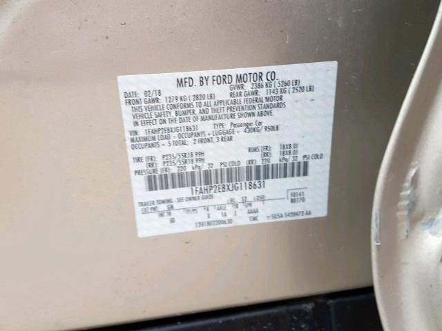 1FAHP2E8XJG118631 - 2018 FORD TAURUS SEL GOLD photo 10