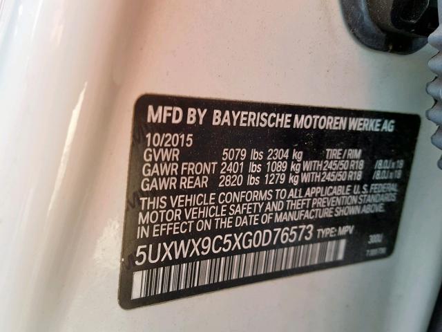 5UXWX9C5XG0D76573 - 2016 BMW X3 XDRIVE2 WHITE photo 10