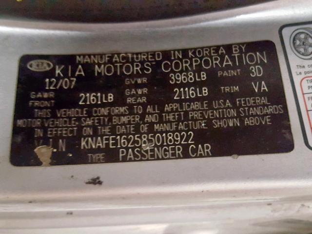 KNAFE162585018922 - 2008 KIA SPECTRA5 5 SILVER photo 10