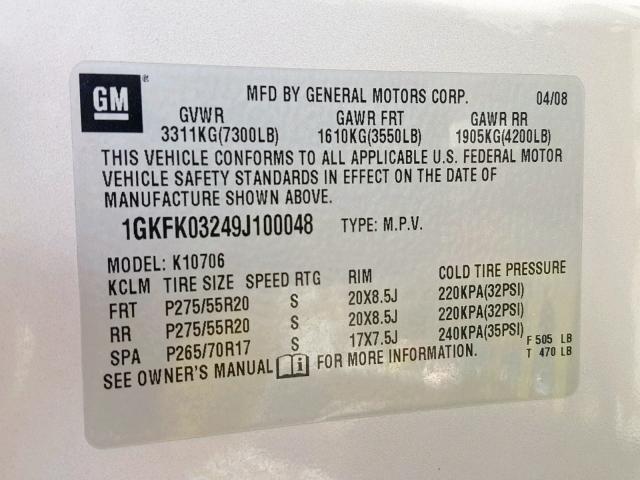 1GKFK03249J100048 - 2009 GMC YUKON DENA TAN photo 10