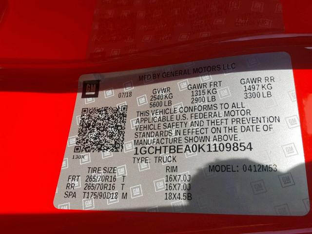 1GCHTBEA0K1109854 - 2019 CHEVROLET COLORADO RED photo 10