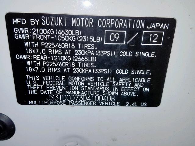 JS3TD0D73D4100408 - 2013 SUZUKI GRAND VITA WHITE photo 10