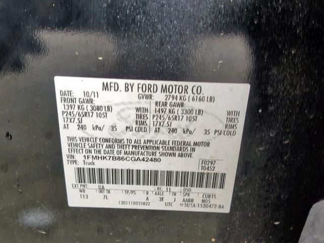 1FMHK7B86CGA42480 - 2012 FORD EXPLORER BLACK photo 10