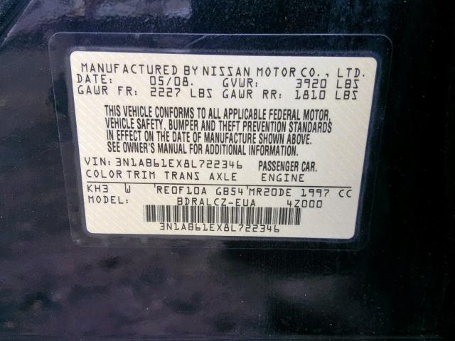 3N1AB61EX8L722346 - 2008 NISSAN SENTRA 2.0 BLACK photo 10