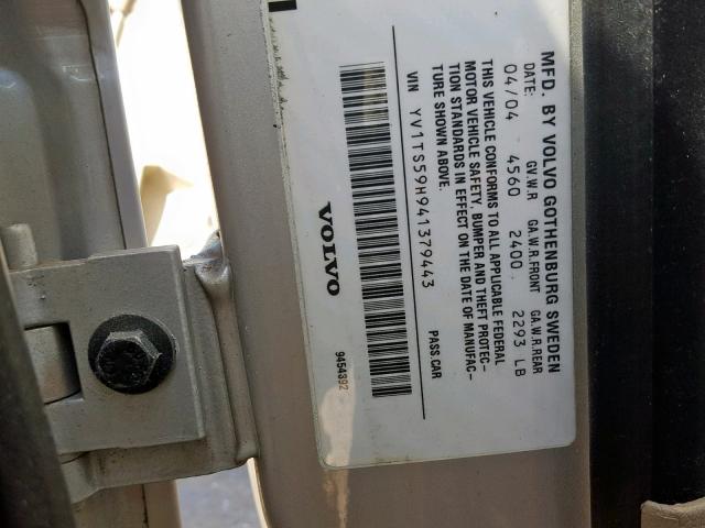 YV1TS59H941379443 - 2004 VOLVO S80 2.5T SILVER photo 10