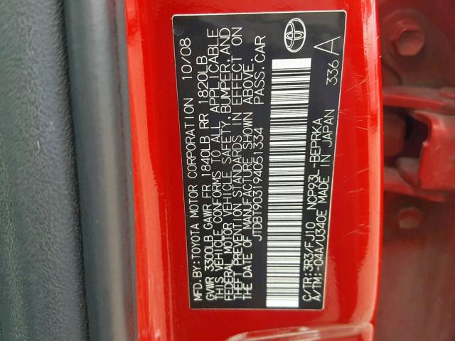 JTDBT903194051334 - 2009 TOYOTA YARIS RED photo 10