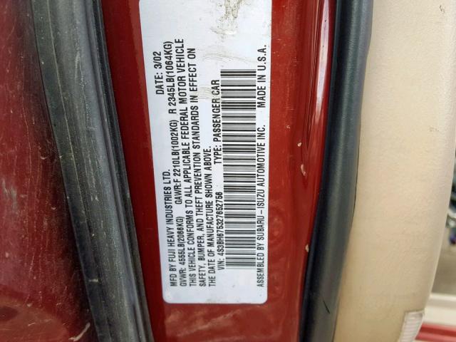 4S3BH675327652756 - 2002 SUBARU LEGACY OUT RED photo 10