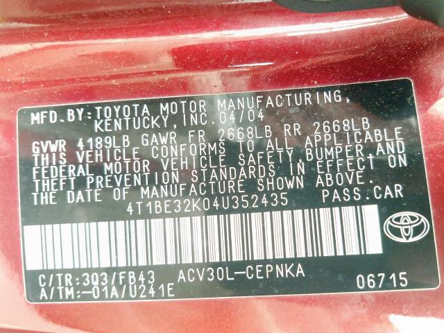 4T1BE32K04U352435 - 2004 TOYOTA CAMRY LE  photo 10