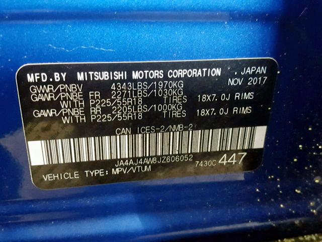 JA4AJ4AW8JZ606052 - 2018 MITSUBISHI RVR SE LIM BLUE photo 10