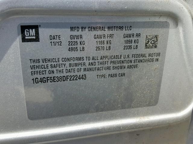 1G4GF5E38DF222443 - 2013 BUICK LACROSSE P SILVER photo 10