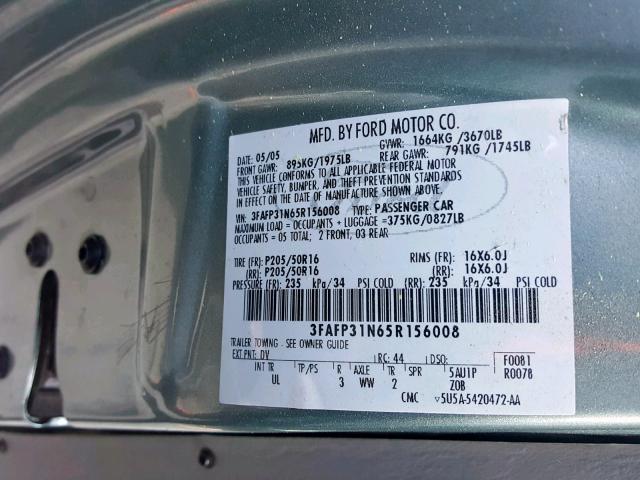 3FAFP31N65R156008 - 2005 FORD FOCUS ZX3 GRAY photo 10