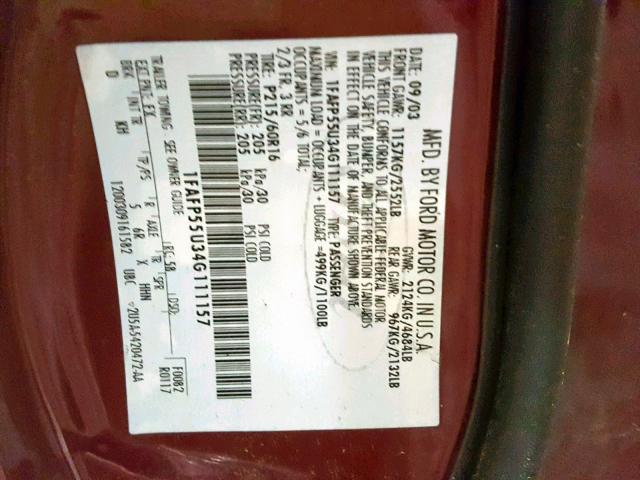 1FAFP55U34G111157 - 2004 FORD TAURUS SES BURGUNDY photo 10