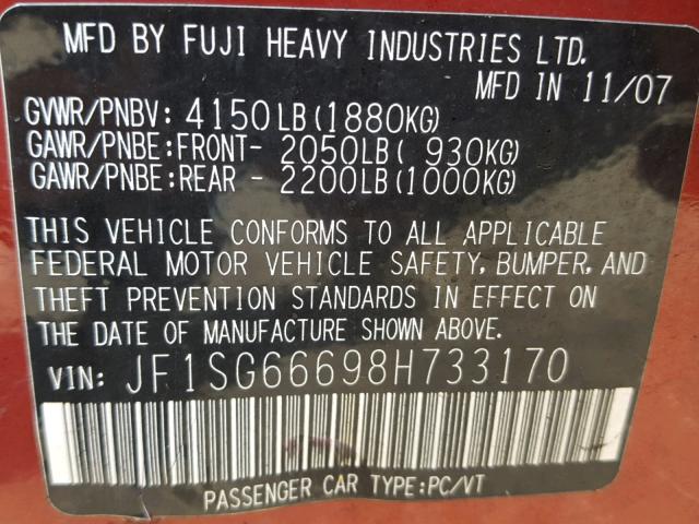 JF1SG66698H733170 - 2008 SUBARU FORESTER S RED photo 10