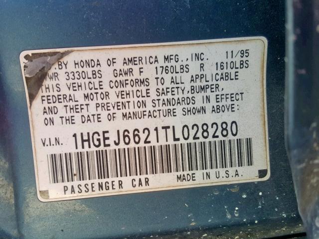 1HGEJ6621TL028280 - 1996 HONDA CIVIC DX BLUE photo 10