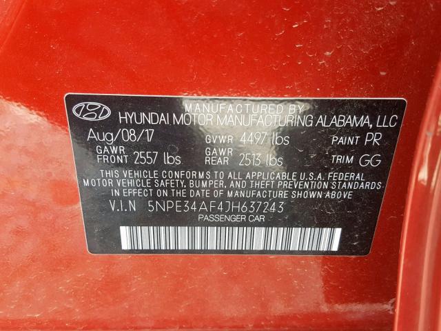 5NPE34AF4JH637243 - 2018 HYUNDAI SONATA SPO RED photo 10