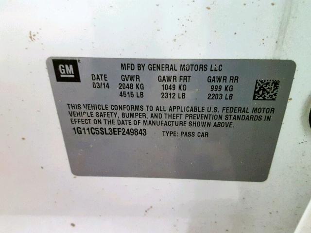 1G11C5SL3EF249843 - 2014 CHEVROLET MALIBU 1LT WHITE photo 10