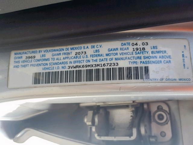 3VWRK69MX3M167233 - 2003 VOLKSWAGEN JETTA GL SILVER photo 10