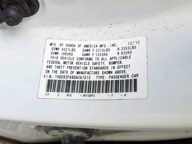 1HGCR2F88DA087515 - 2013 HONDA ACCORD EXL WHITE photo 10