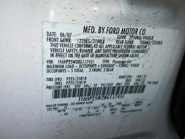 1FAHP25W28G117451 - 2008 FORD TAURUS LIM WHITE photo 10