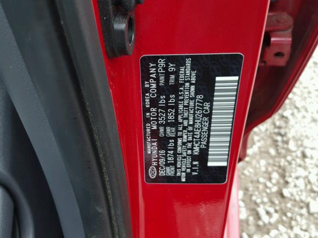 KMHCT4AE8HU267778 - 2017 HYUNDAI ACCENT SE RED photo 10