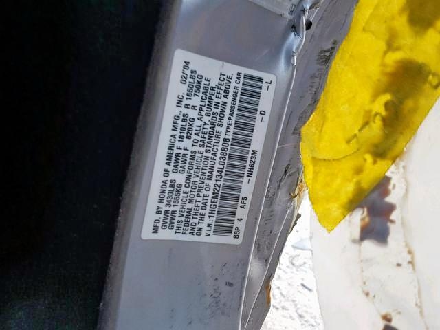 1HGEM22134L038808 - 2004 HONDA CIVIC DX V SILVER photo 10