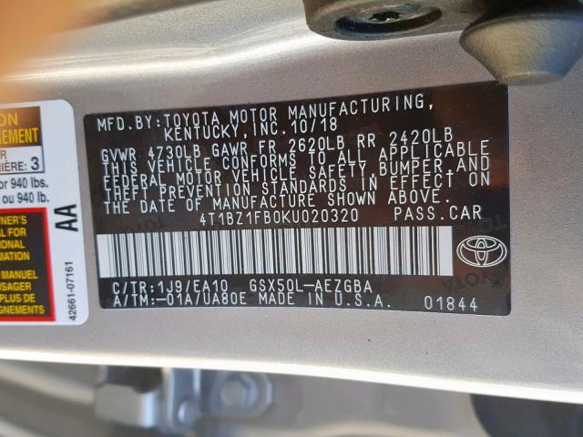 4T1BZ1FB0KU020320 - 2019 TOYOTA AVALON XLE SILVER photo 10