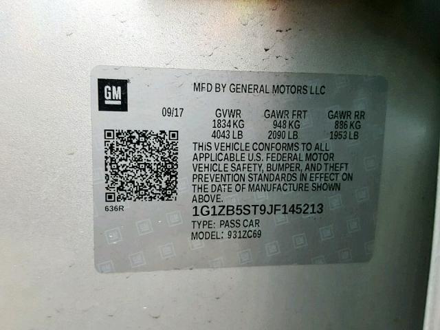 1G1ZB5ST9JF145213 - 2018 CHEVROLET MALIBU LS SILVER photo 10