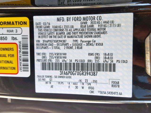 3FA6P0G7XGR394387 - 2016 FORD FUSION S BLACK photo 10