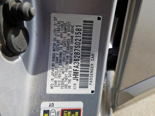 JHMFA36287S021581 - 2007 HONDA CIVIC HYBRID  photo 10