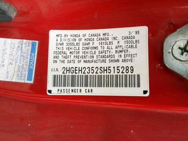 2HGEH2352SH515289 - 1995 HONDA CIVIC CX RED photo 10