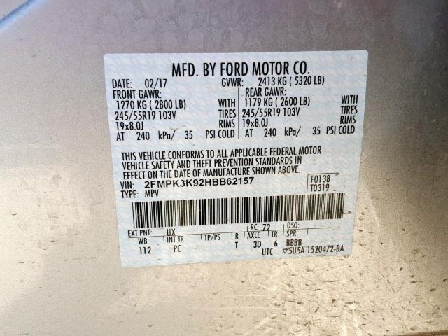 2FMPK3K92HBB62157 - 2017 FORD EDGE TITAN SILVER photo 10