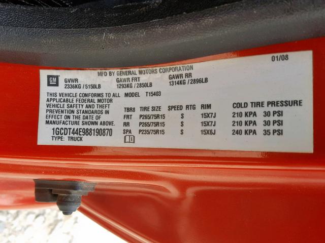 1GCDT44E988190870 - 2008 CHEVROLET COLORADO L ORANGE photo 10