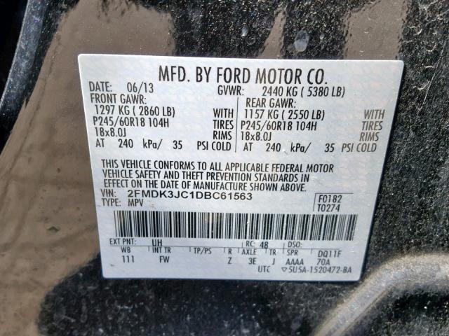 2FMDK3JC1DBC61563 - 2013 FORD EDGE SEL BLACK photo 10