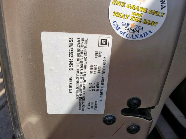 2G1WF55E219146913 - 2001 CHEVROLET IMPALA BEIGE photo 10