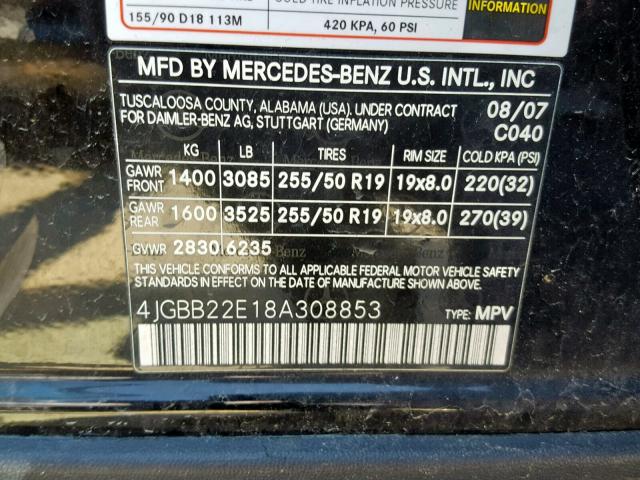 4JGBB22E18A308853 - 2008 MERCEDES-BENZ ML 320 CDI BLACK photo 10