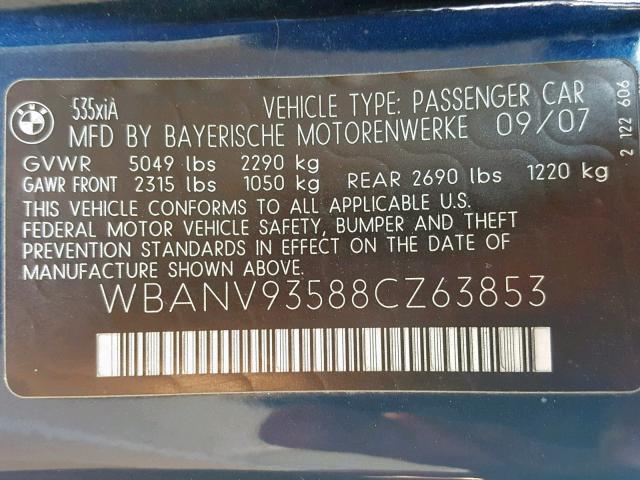 WBANV93588CZ63853 - 2008 BMW 535 XI BLUE photo 10