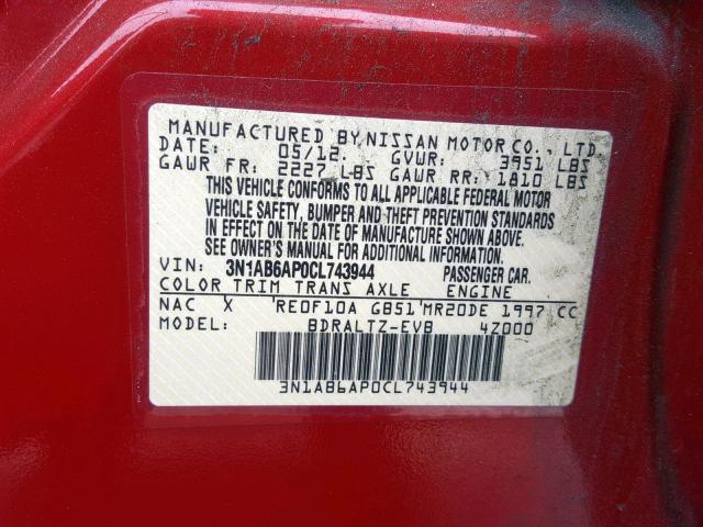 3N1AB6AP0CL743944 - 2012 NISSAN SENTRA 2.0 RED photo 10