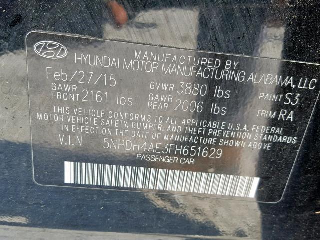 5NPDH4AE3FH651629 - 2015 HYUNDAI ELANTRA SE BLACK photo 10