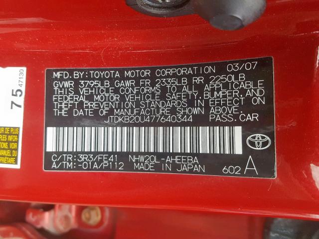 JTDKB20U477640344 - 2007 TOYOTA PRIUS RED photo 10